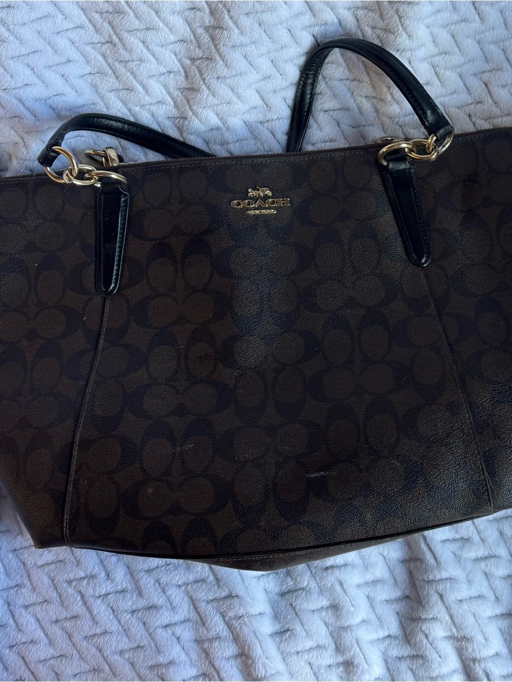 Coach Brown and Black Signature Tote with Gold Hardware